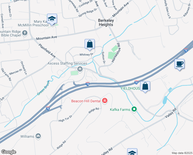 map of restaurants, bars, coffee shops, grocery stores, and more near 27 Stonegate Drive in Watchung