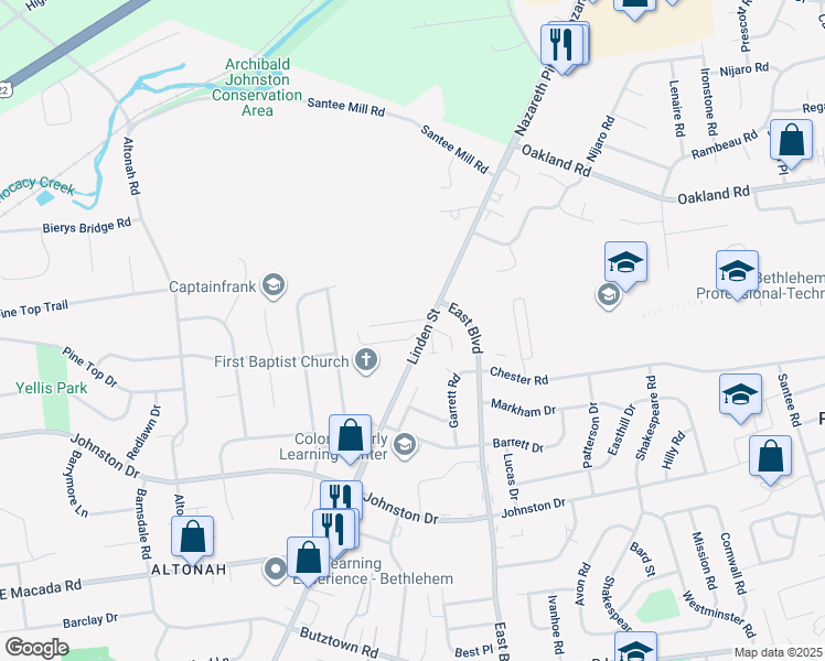 map of restaurants, bars, coffee shops, grocery stores, and more near 3333 Linden Street in Bethlehem