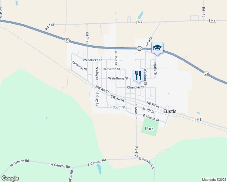 map of restaurants, bars, coffee shops, grocery stores, and more near 101 North Hale Street in Eustis