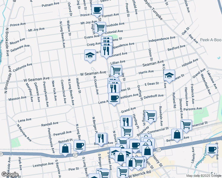 map of restaurants, bars, coffee shops, grocery stores, and more near 17 West Milton Street in Freeport