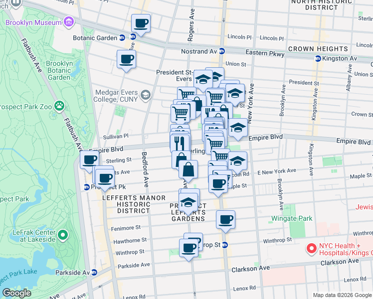 map of restaurants, bars, coffee shops, grocery stores, and more near 270 Empire Boulevard in Brooklyn