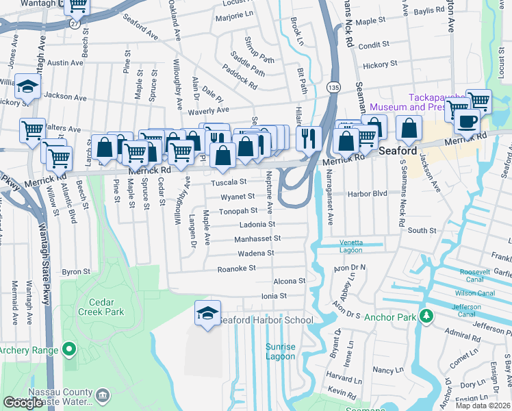 map of restaurants, bars, coffee shops, grocery stores, and more near 3620 Wyanet Street in Seaford