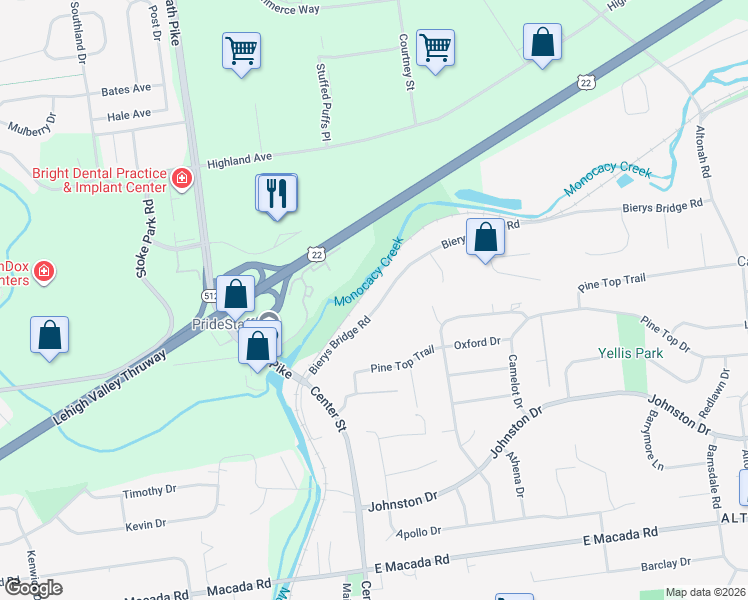 map of restaurants, bars, coffee shops, grocery stores, and more near 219 Bierys Bridge Road in Bethlehem