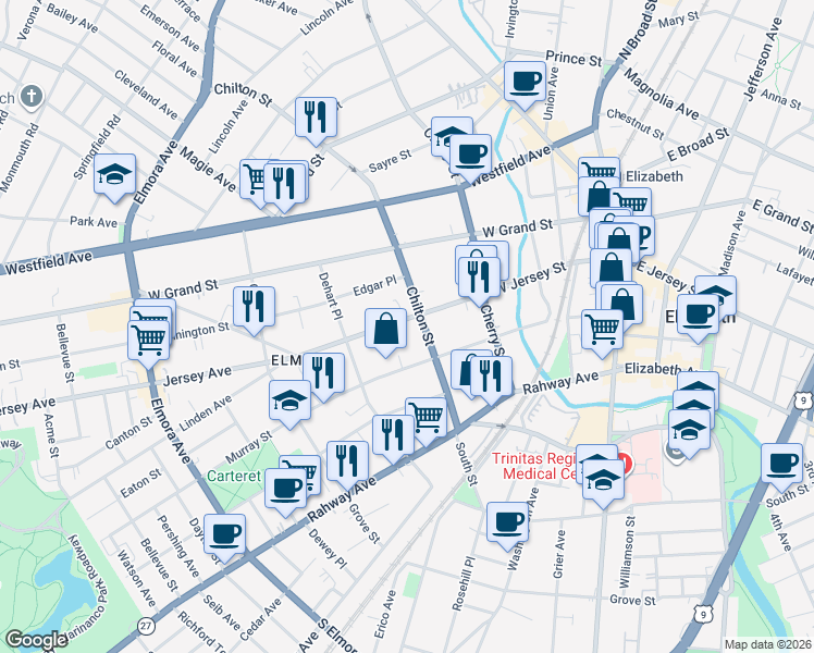 map of restaurants, bars, coffee shops, grocery stores, and more near 220 West Jersey Street in Elizabeth
