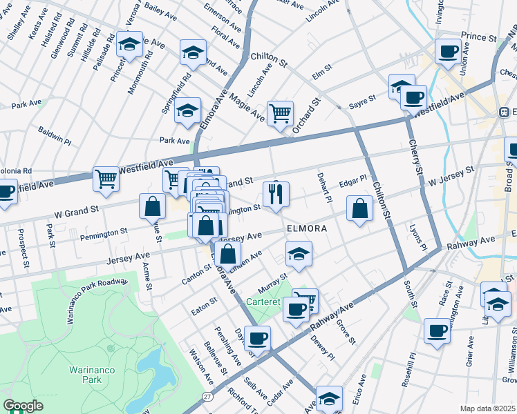 map of restaurants, bars, coffee shops, grocery stores, and more near West End Avenue in Elizabeth