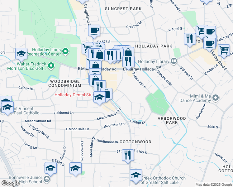map of restaurants, bars, coffee shops, grocery stores, and more near 1920 East Rodeo Walk Drive in Holladay