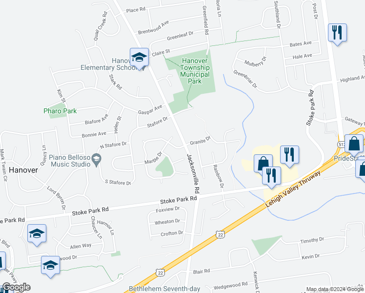 map of restaurants, bars, coffee shops, grocery stores, and more near 1106 Granite Drive in Bethlehem