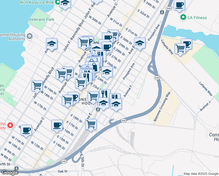 map of restaurants, bars, coffee shops, grocery stores, and more near 294 Avenue E in Bayonne