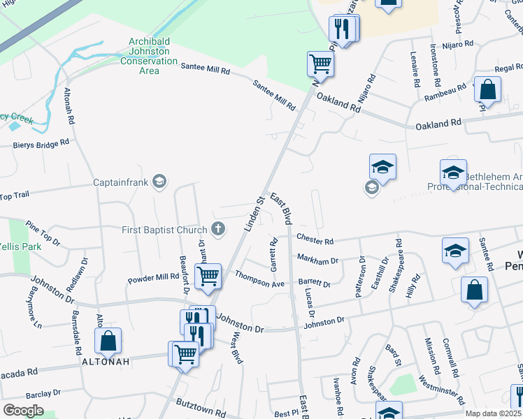 map of restaurants, bars, coffee shops, grocery stores, and more near Julia Ct & Olivia Ct in Bethlehem