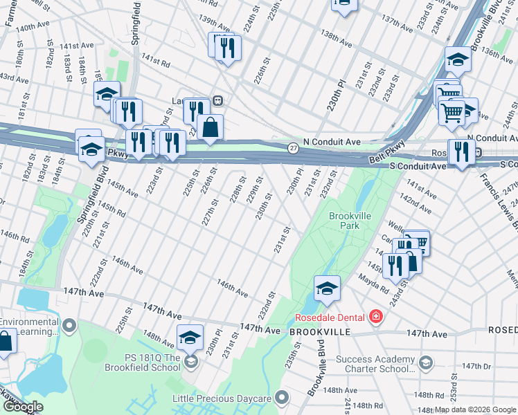 map of restaurants, bars, coffee shops, grocery stores, and more near 229-07 144th Avenue in Queens