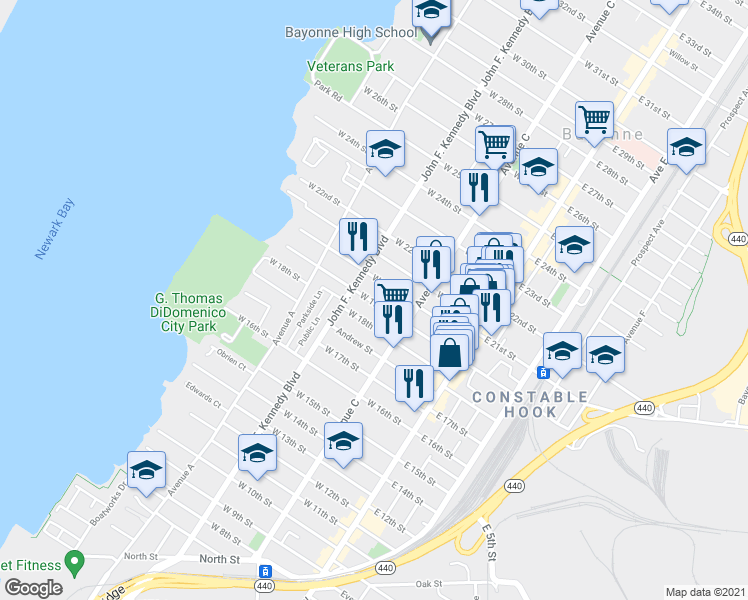 map of restaurants, bars, coffee shops, grocery stores, and more near 87 West 19th Street in Bayonne