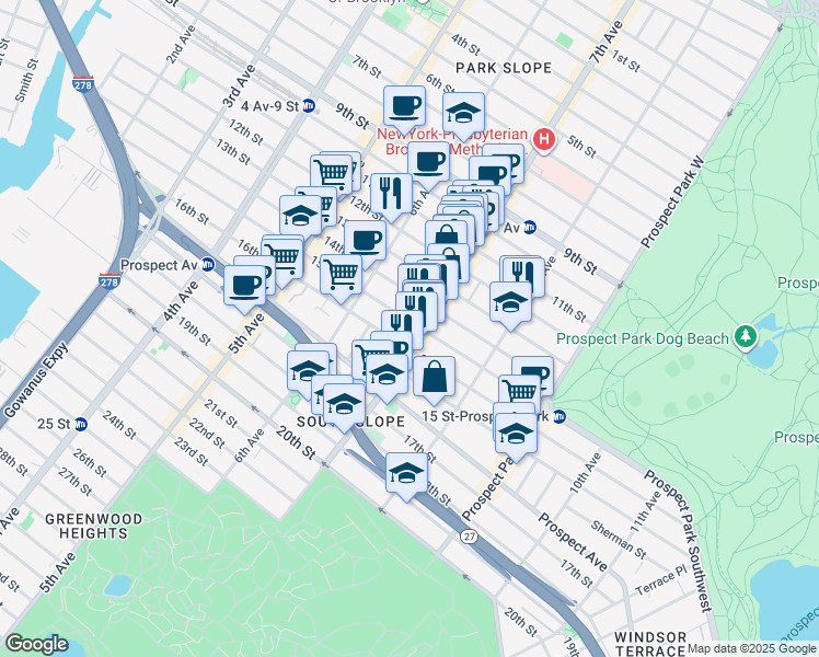 map of restaurants, bars, coffee shops, grocery stores, and more near 348 15th Street in Brooklyn