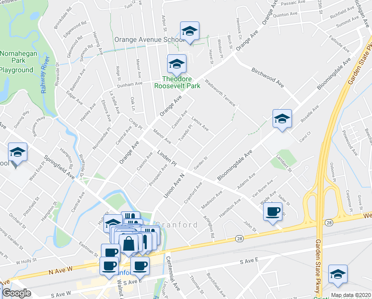 map of restaurants, bars, coffee shops, grocery stores, and more near 38 Manor Avenue in Cranford