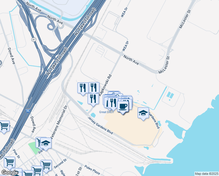 map of restaurants, bars, coffee shops, grocery stores, and more near 699 Jersey Gardens Boulevard in Elizabeth