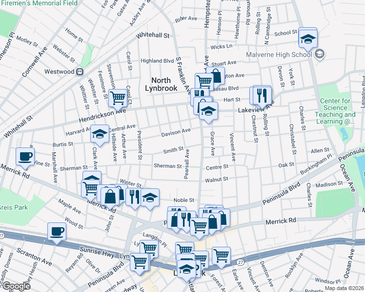 map of restaurants, bars, coffee shops, grocery stores, and more near 41 Smith Street in Lynbrook