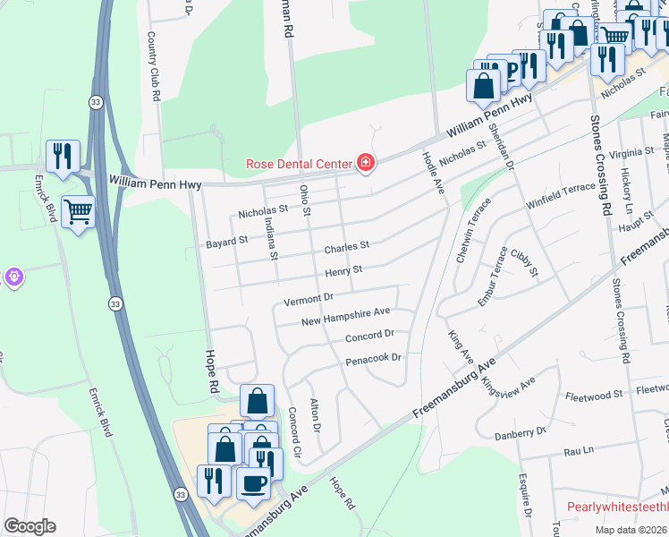 map of restaurants, bars, coffee shops, grocery stores, and more near 4615 Henry Street in Easton