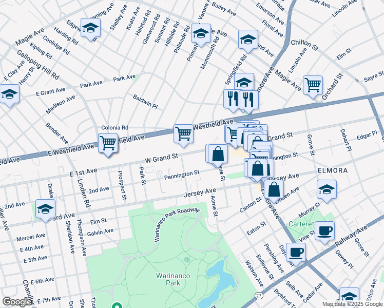 map of restaurants, bars, coffee shops, grocery stores, and more near 850 West Grand Street in Elizabeth