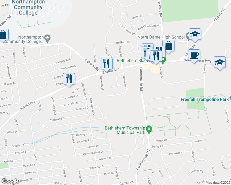 map of restaurants, bars, coffee shops, grocery stores, and more near 3247 Reeve Drive West in Bethlehem