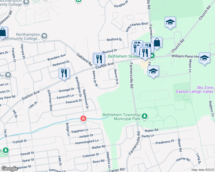map of restaurants, bars, coffee shops, grocery stores, and more near 3247 Reeve Drive West in Bethlehem