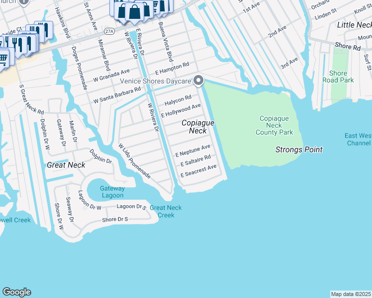 map of restaurants, bars, coffee shops, grocery stores, and more near 60 East Neptune Avenue in Lindenhurst