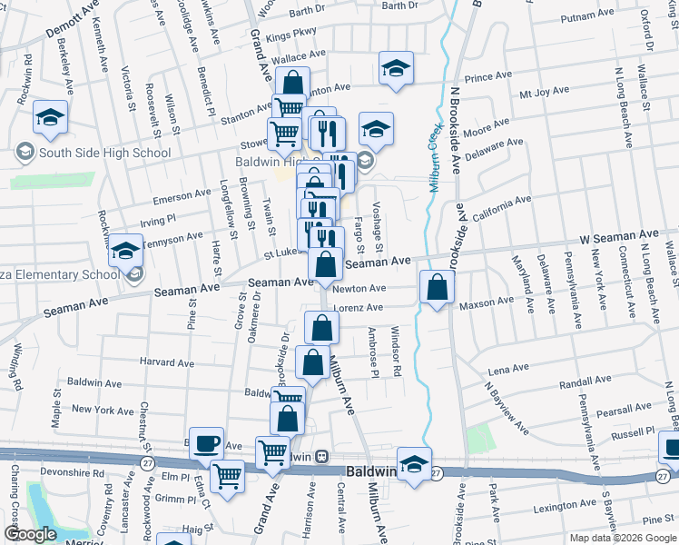 map of restaurants, bars, coffee shops, grocery stores, and more near 844 Seaman Avenue in Baldwin