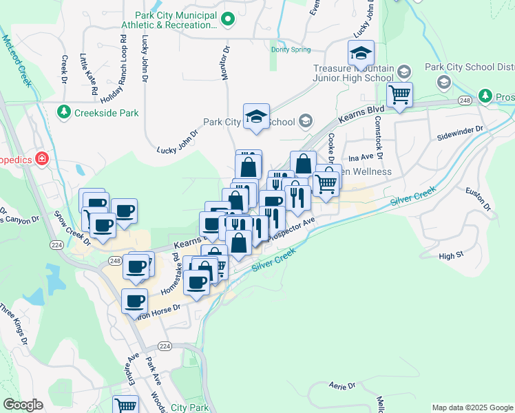 map of restaurants, bars, coffee shops, grocery stores, and more near 1725 Sidewinder Drive in Park City