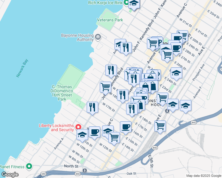 map of restaurants, bars, coffee shops, grocery stores, and more near 497 John F. Kennedy Boulevard in Bayonne