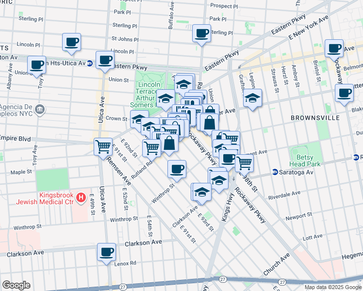 map of restaurants, bars, coffee shops, grocery stores, and more near 1062 Rutland Road in Brooklyn