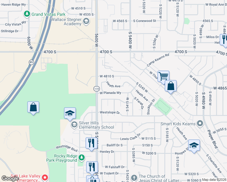 map of restaurants, bars, coffee shops, grocery stores, and more near 5514 West Planada Way in Kearns