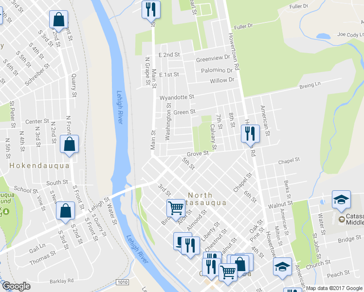 map of restaurants, bars, coffee shops, grocery stores, and more near 533 Penn St in Catasauqua