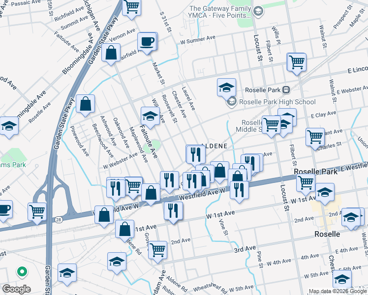 map of restaurants, bars, coffee shops, grocery stores, and more near 416 Roosevelt Street in Roselle Park