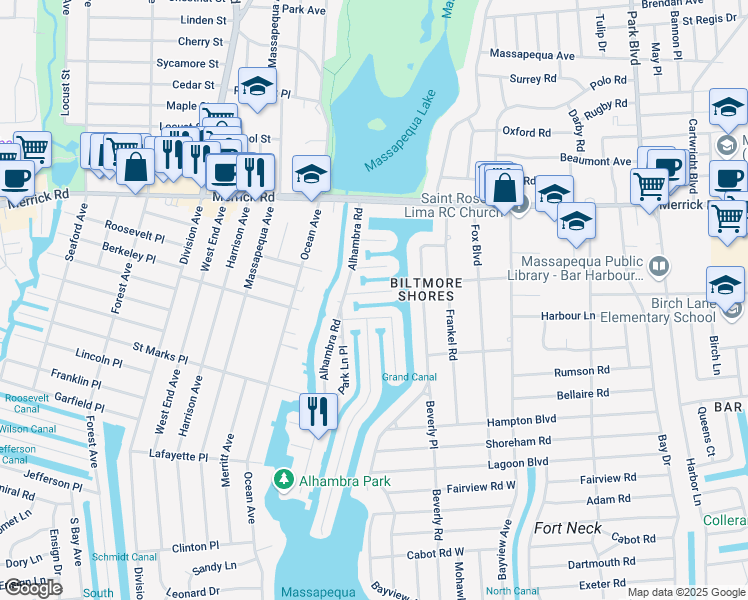 map of restaurants, bars, coffee shops, grocery stores, and more near 8 Granada Place in Massapequa