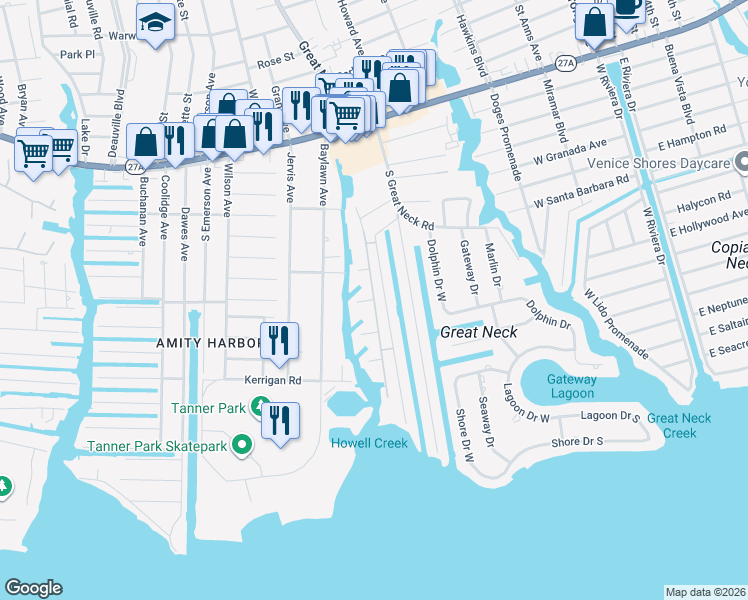 map of restaurants, bars, coffee shops, grocery stores, and more near Mariners Way in Copiague