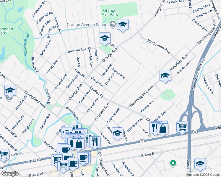 map of restaurants, bars, coffee shops, grocery stores, and more near 38 Manor Avenue in Cranford