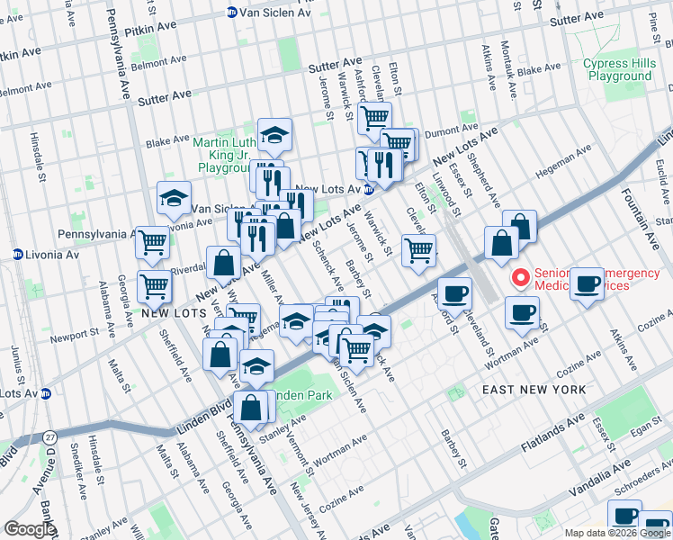 map of restaurants, bars, coffee shops, grocery stores, and more near 699 Schenck Avenue in Brooklyn
