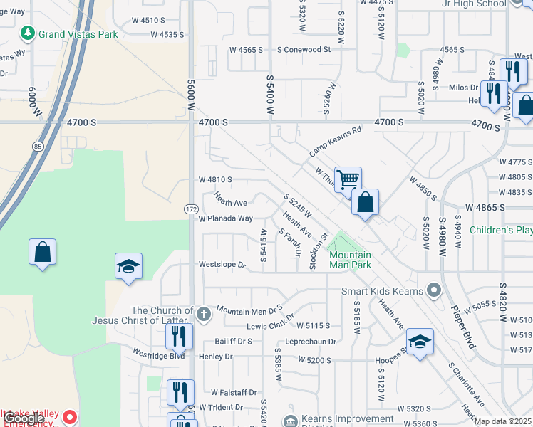 map of restaurants, bars, coffee shops, grocery stores, and more near 5412 West Planada Way in Kearns