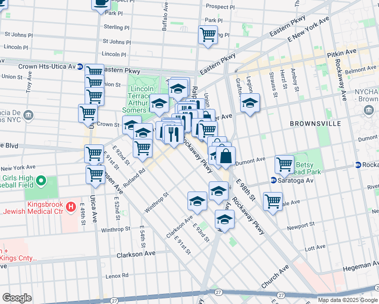 map of restaurants, bars, coffee shops, grocery stores, and more near 122 Rockaway Parkway in Brooklyn