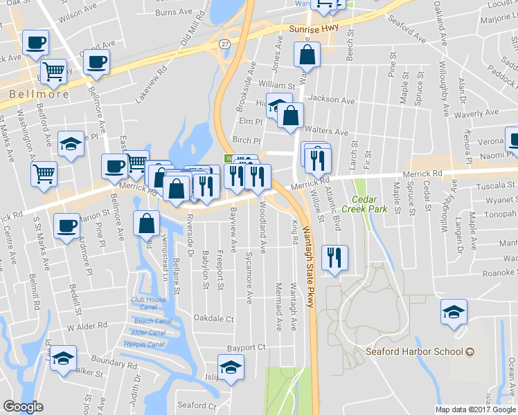 map of restaurants, bars, coffee shops, grocery stores, and more near 2320 Woodland Avenue in Wantagh