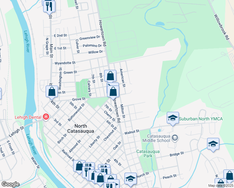 map of restaurants, bars, coffee shops, grocery stores, and more near 1110 Howertown Road in Catasauqua