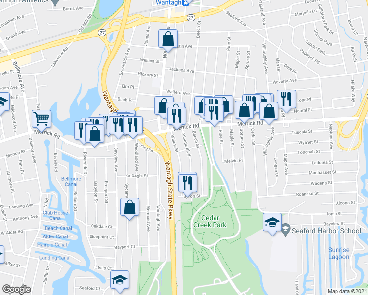 map of restaurants, bars, coffee shops, grocery stores, and more near 2324 Atlantic Boulevard in Wantagh