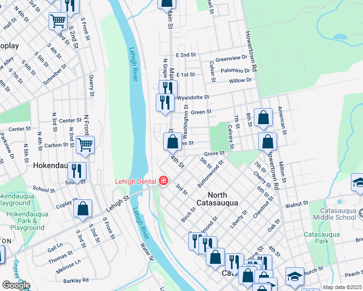 map of restaurants, bars, coffee shops, grocery stores, and more near 1126 Washington Street in Catasauqua