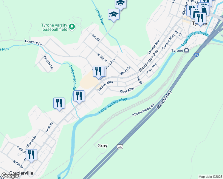 map of restaurants, bars, coffee shops, grocery stores, and more near 508 South 3rd Street in Tyrone