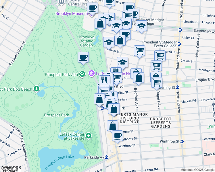 map of restaurants, bars, coffee shops, grocery stores, and more near 35 Empire Boulevard in Brooklyn