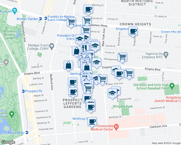 map of restaurants, bars, coffee shops, grocery stores, and more near 329 Sterling Street in Brooklyn
