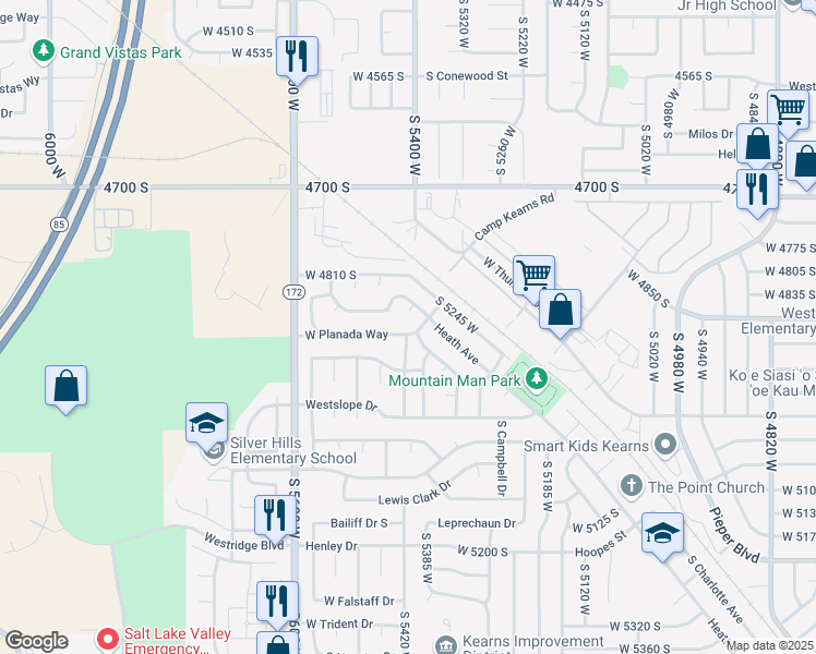 map of restaurants, bars, coffee shops, grocery stores, and more near 5398 West Planada Way in Kearns