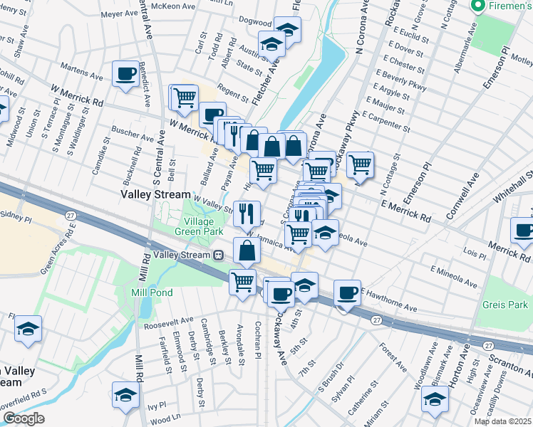 map of restaurants, bars, coffee shops, grocery stores, and more near 60 South Franklin Avenue in Valley Stream