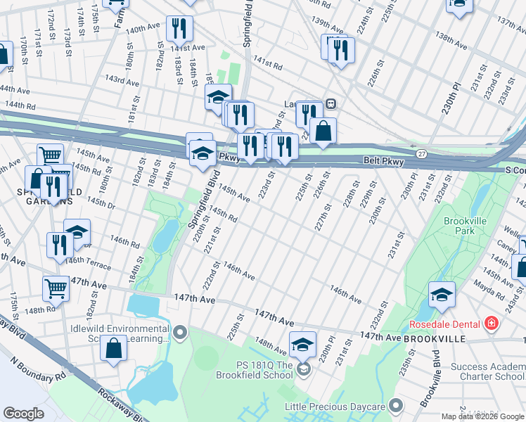 map of restaurants, bars, coffee shops, grocery stores, and more near 224-01 145th Avenue in Queens