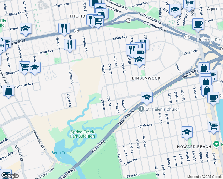 map of restaurants, bars, coffee shops, grocery stores, and more near 15511 78th Street in Queens
