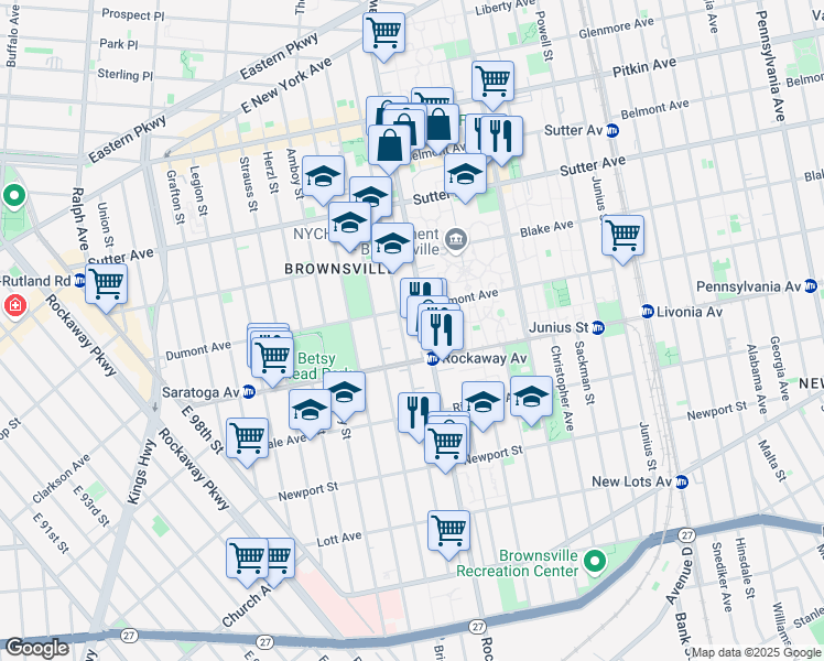 map of restaurants, bars, coffee shops, grocery stores, and more near 235 Livonia Avenue in Brooklyn