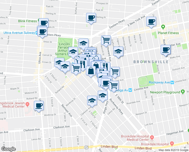 map of restaurants, bars, coffee shops, grocery stores, and more near 146 Winthrop Street in Brooklyn